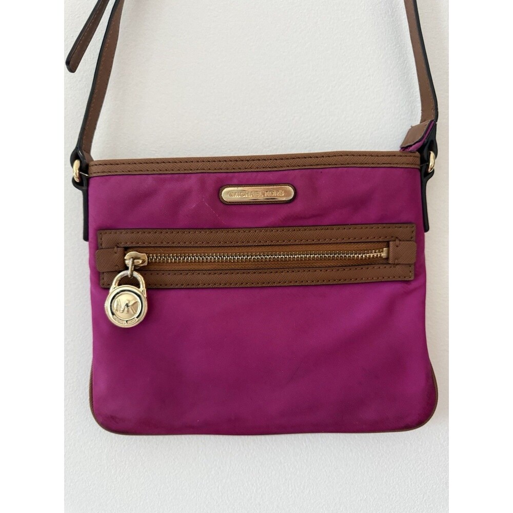 Michael Kors Pink Fuchsia Nylon Crossbody Bag Brown Trim Gold Logo Charm Vintage